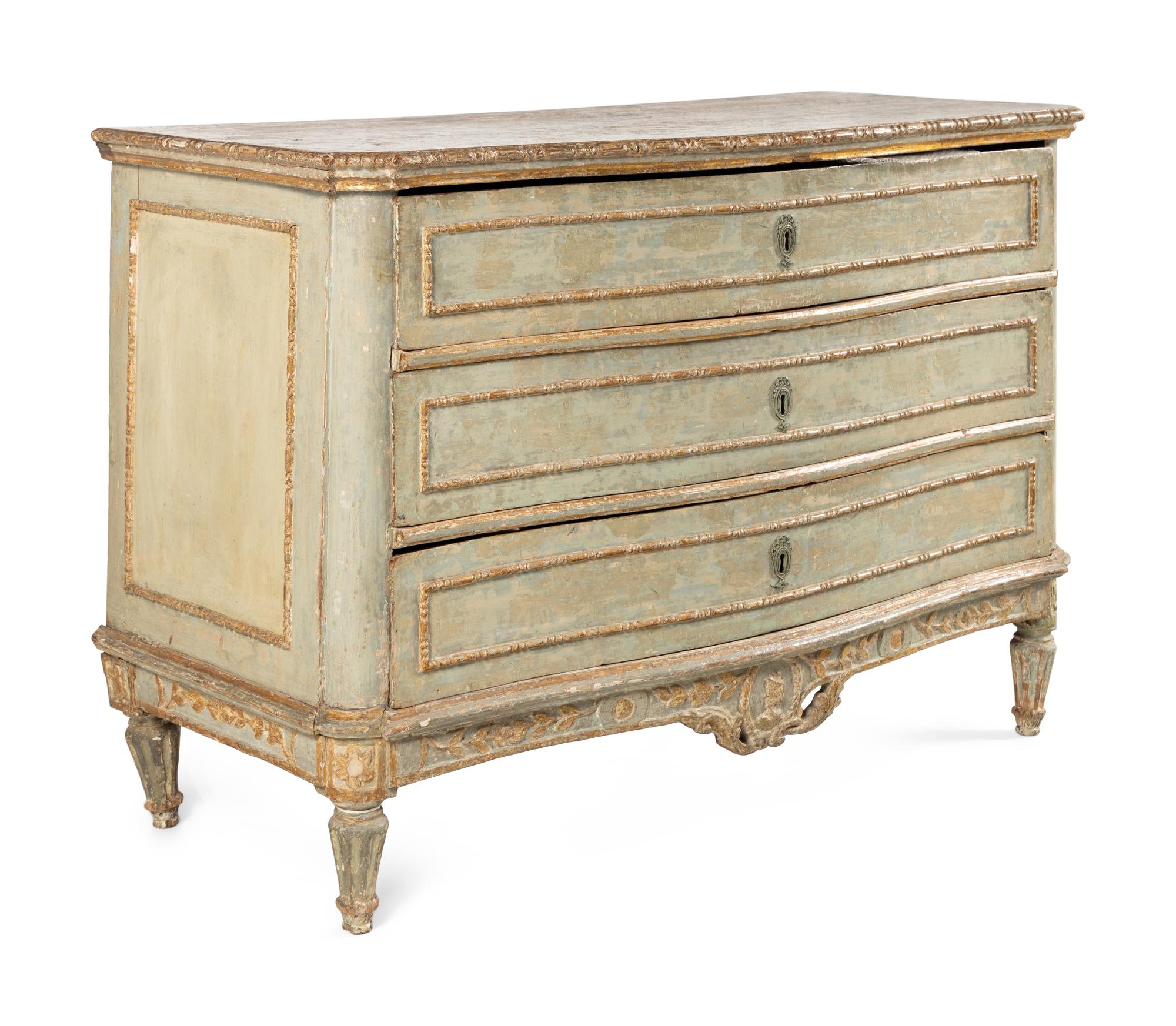 A Venetian Grey Painted and Parcel Gilt Commode