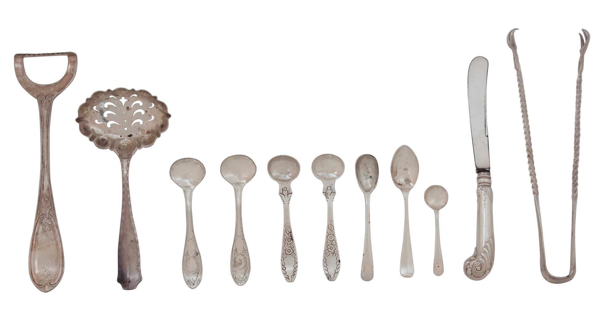 A Collection of American Silver Articles, Various Makers, 20th Century, comprising a Tiffany & Co. spoon, Bailey & Co. tongs, 7 diminut