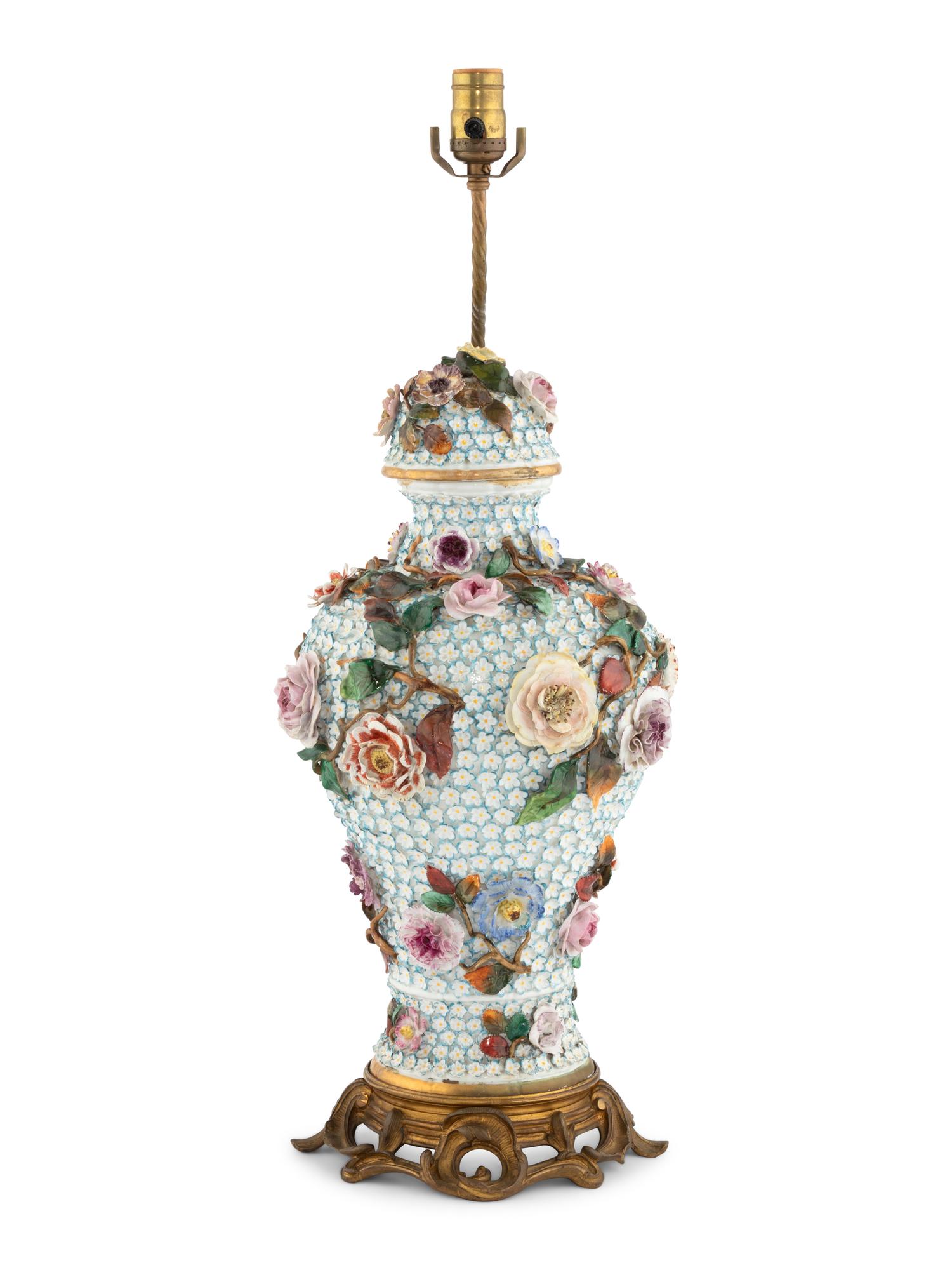 A Meissen Porcelain Schneeballen Covered Vase Mounted as a Lamp