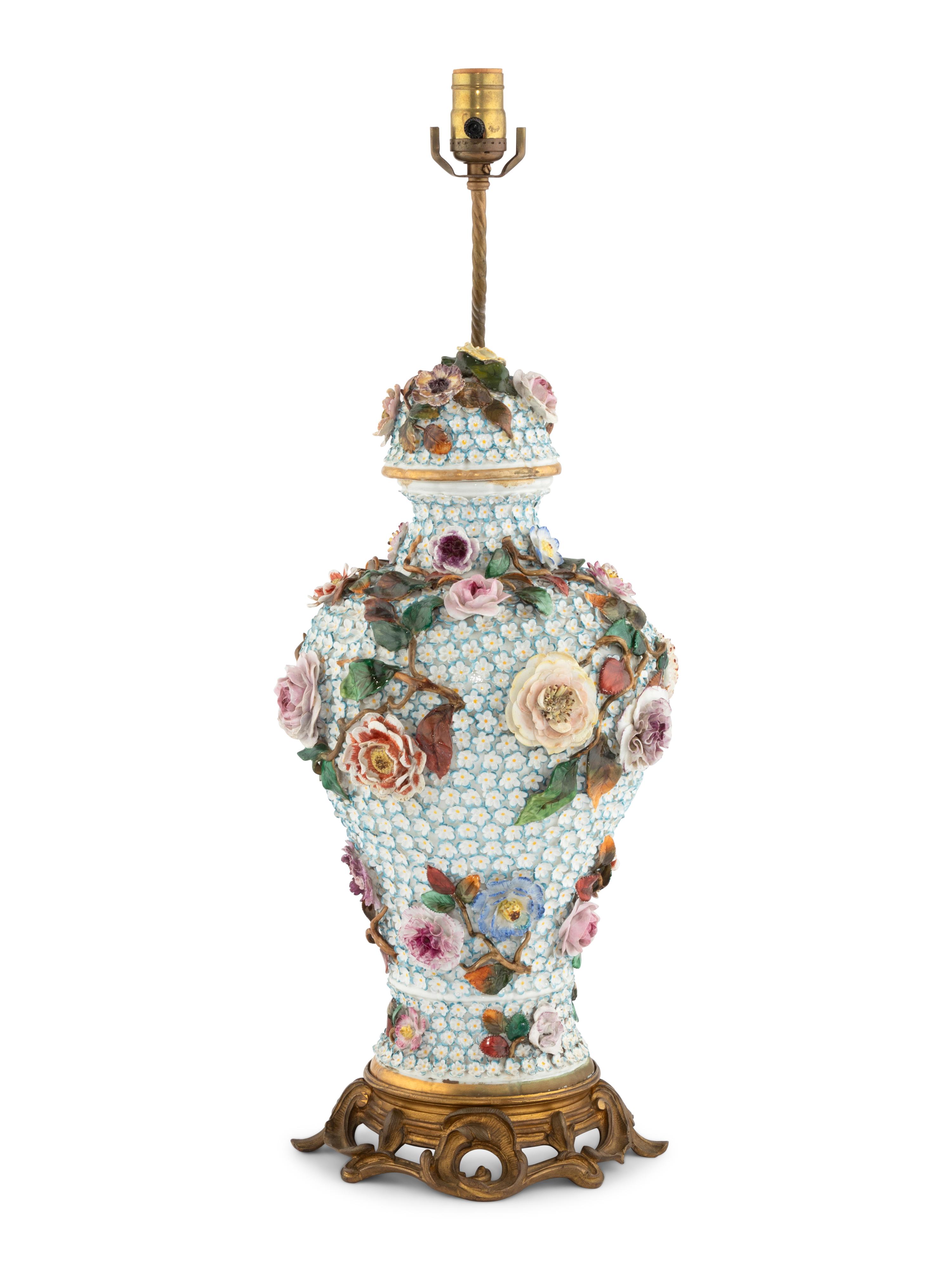 A Meissen Porcelain Schneeballen Covered Vase Mounted as a Lamp