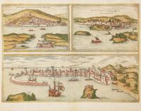 A group of four hand-colored copper engravings depicting town views, from Civitates Orbis Terrarum , Georg Braun (1541-1622) and Frans Hogenberg (1535-1590), 1575 or later