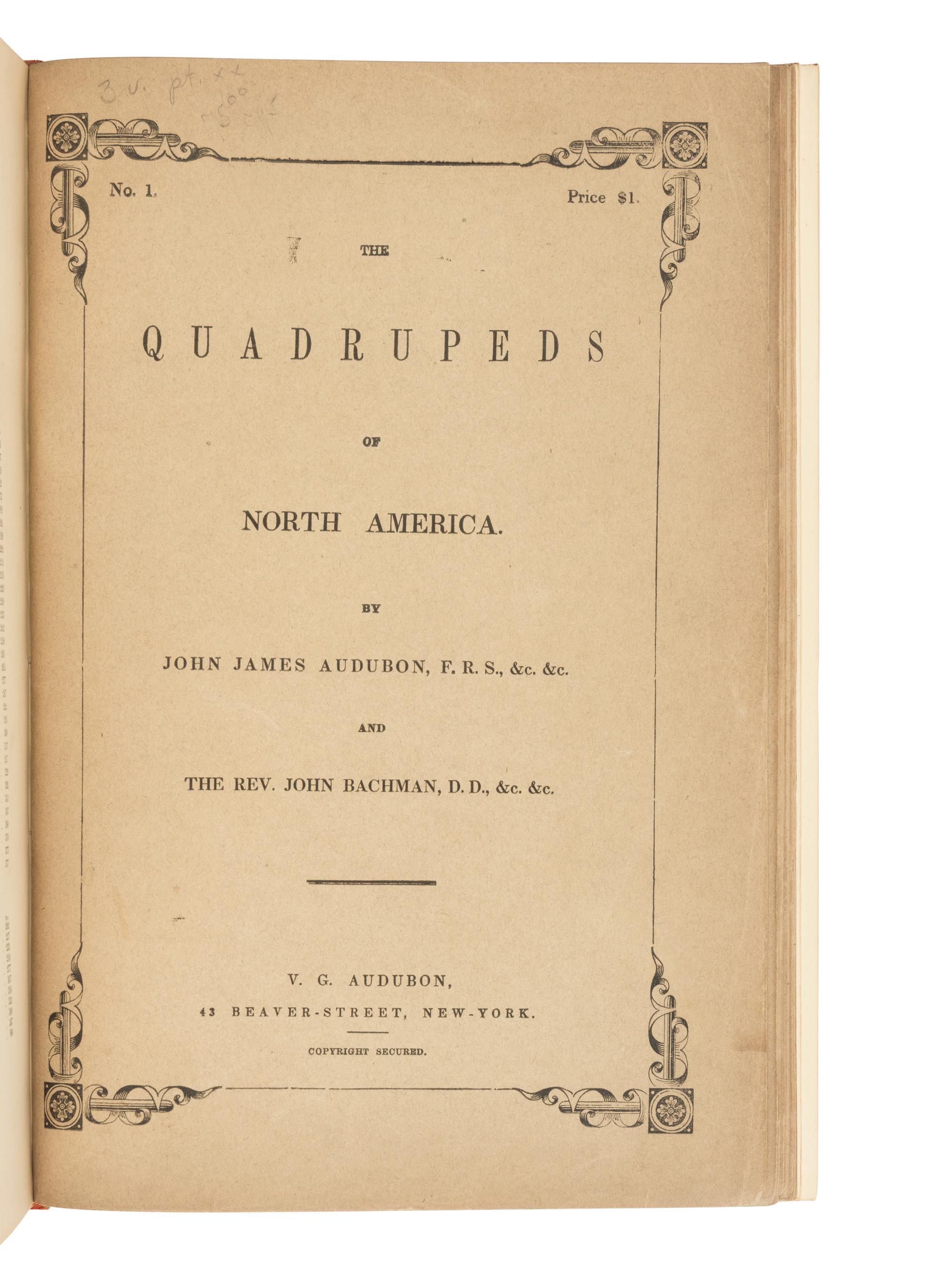 [AMERICANA]. AUDUBON, John James (1785-1851) and John BACHMAN (1790-1874). The Quadrupeds of North America . New York: V.G. Audubon, 1849.