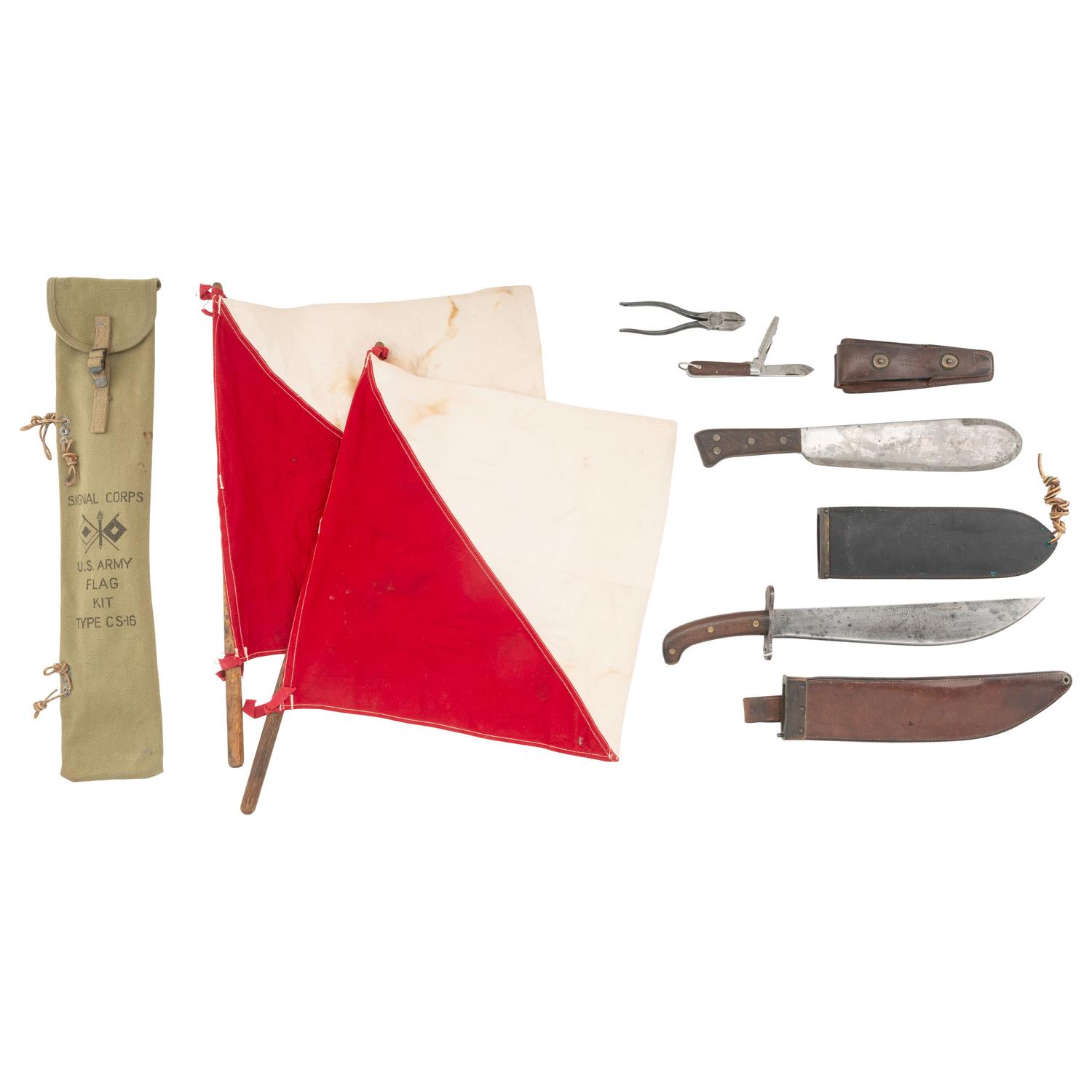 Militaria Group: US M1909 Bolo, M1910 Bolo, Signal Corps Pliers & Signal Corps Flag Kit