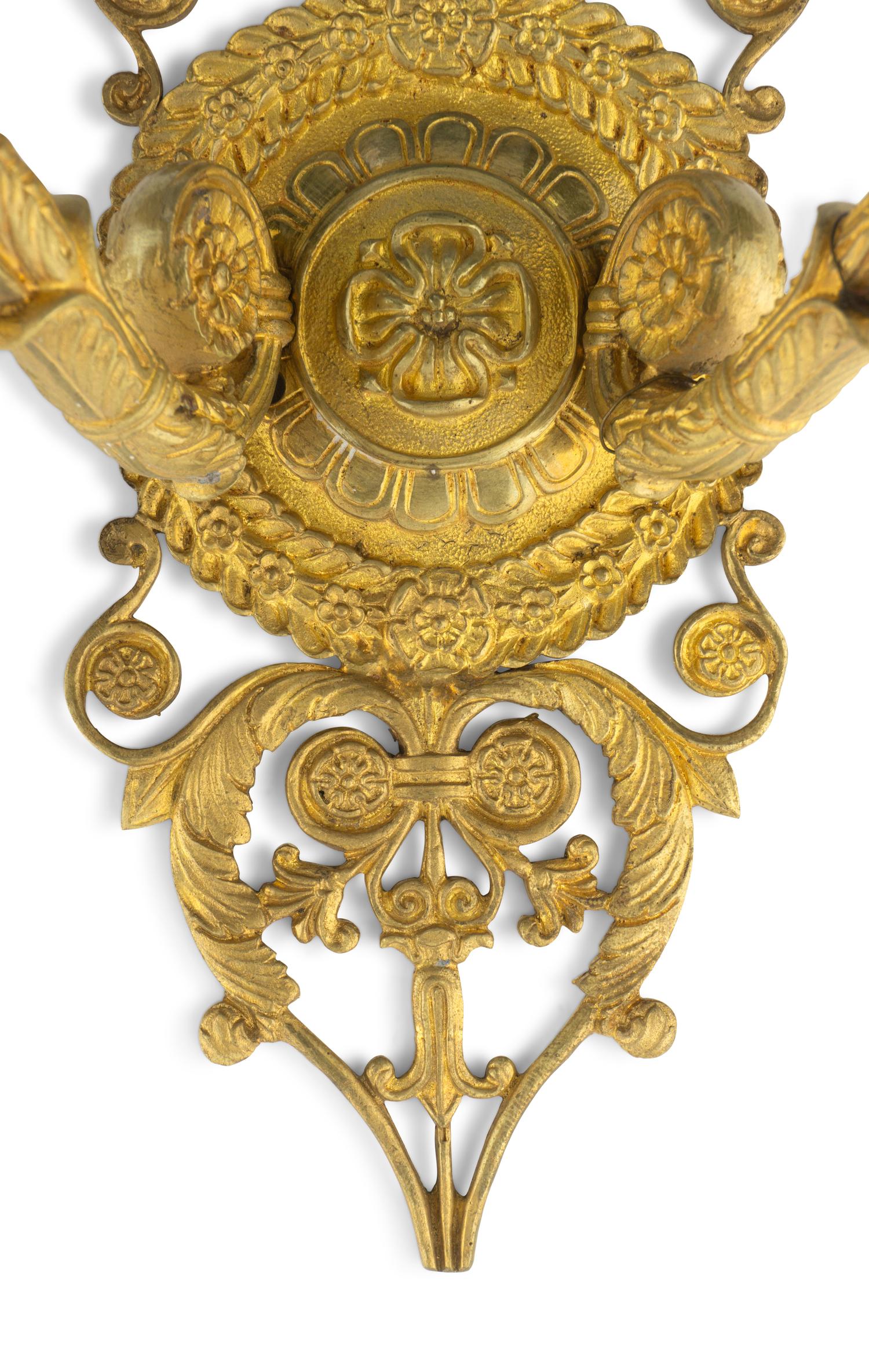 A Pair of Empire Gilt Bronze Two-Light Sconces