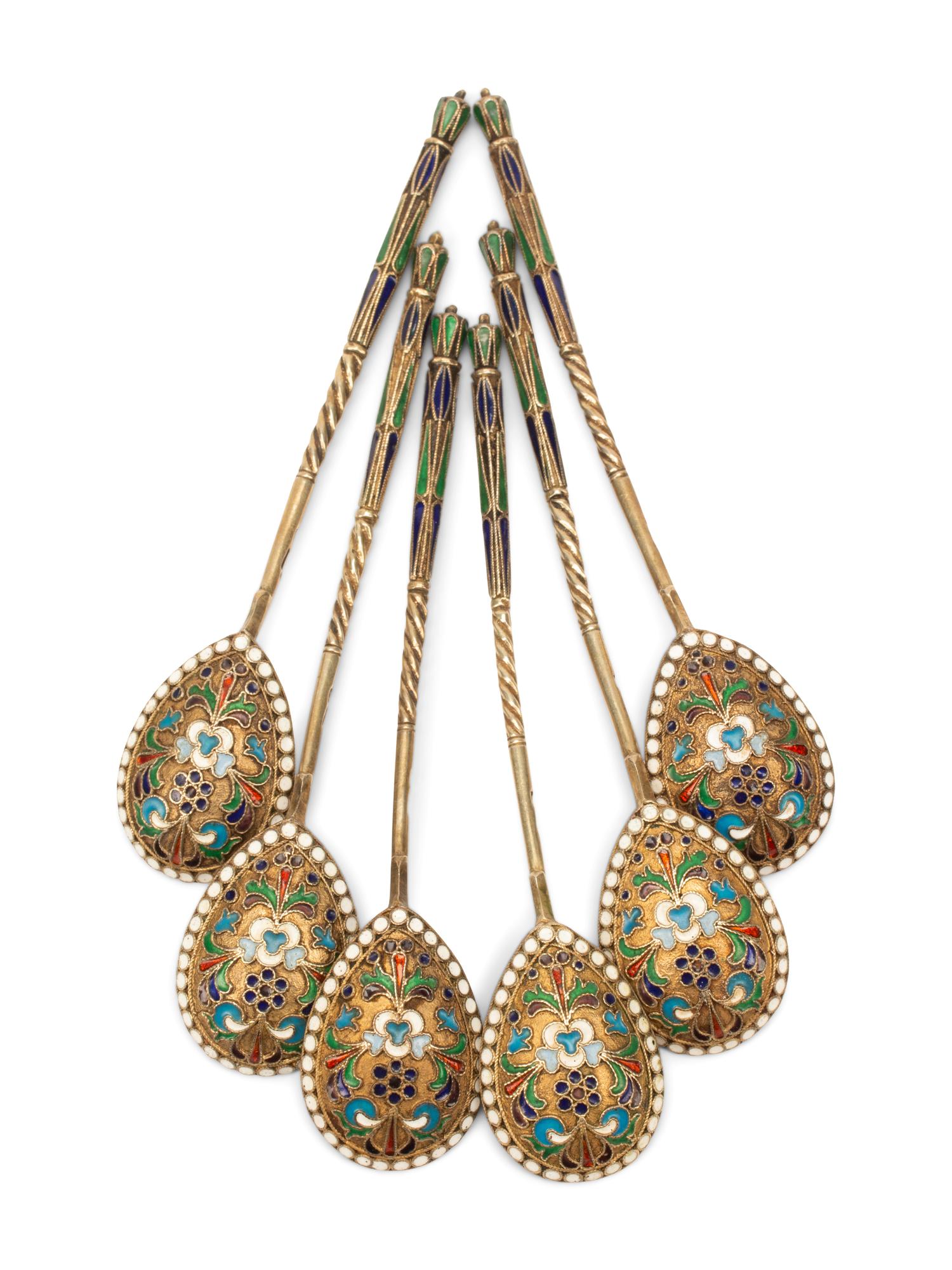 A Cased Set of Six Enameled Silver Spoons