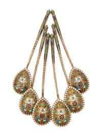 A Cased Set of Six Enameled Silver Spoons