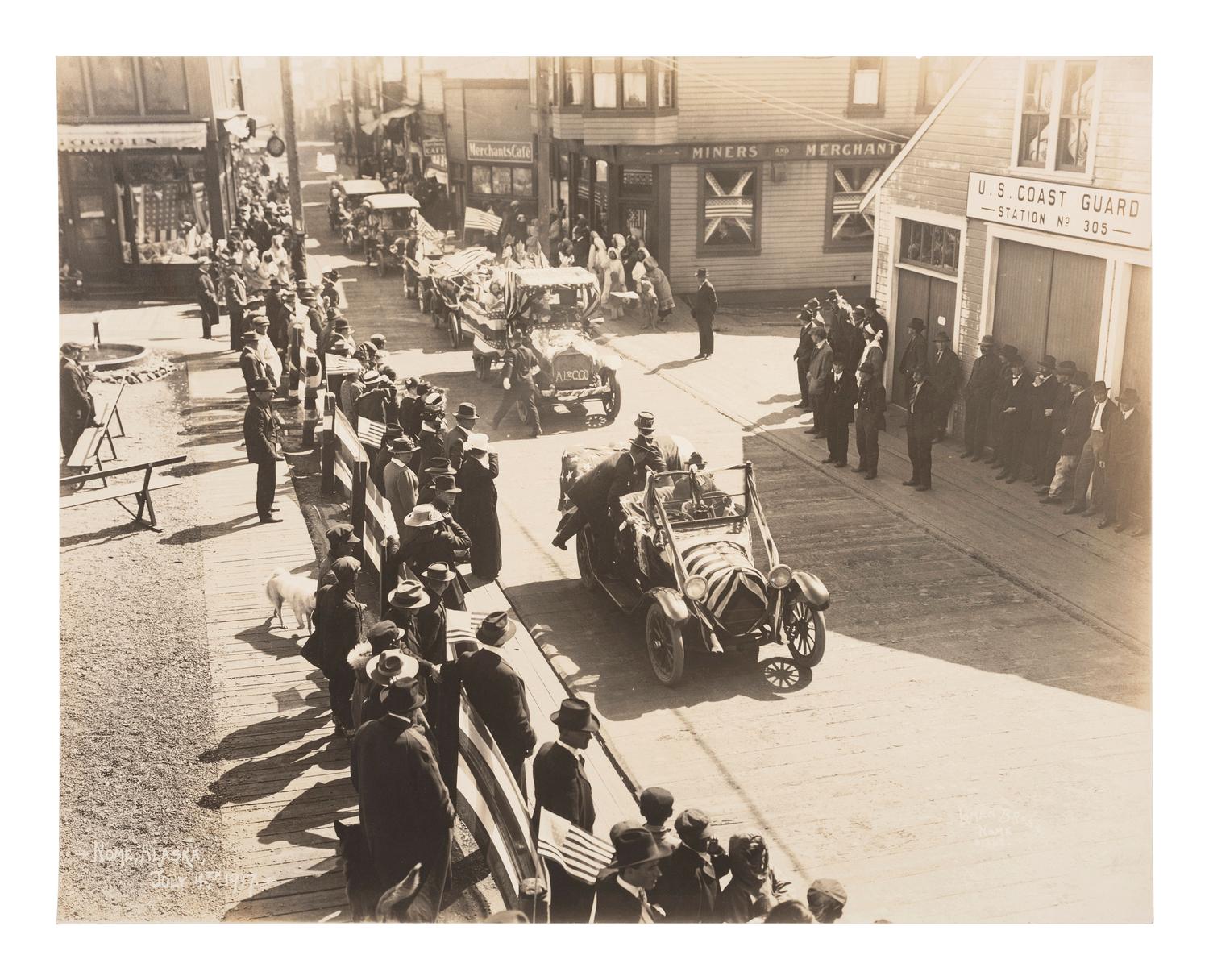 Alaska A group of 3 photographs of Alaska scenes incl. the finish line of the 6th Annual All Alaska Sweep Stakes in Nome. 1910s.
