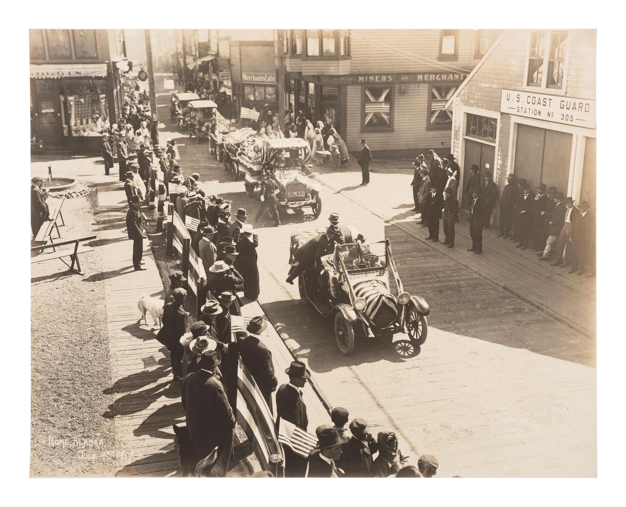 Alaska A group of 3 photographs of Alaska scenes incl. the finish line of the 6th Annual All Alaska Sweep Stakes in Nome. 1910s.