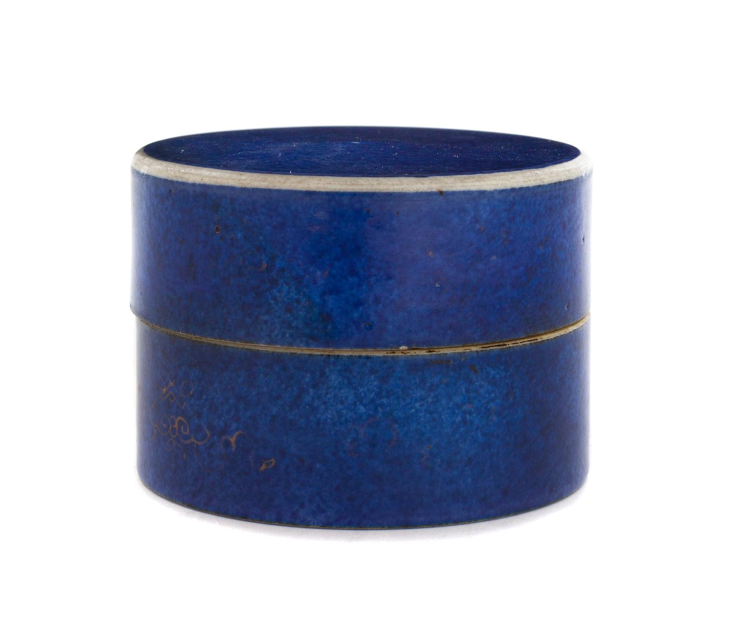 A Small Chinese Gilt Decorated Powder Blue Glazed Porcelain Covered Box Height 2 3/4 inches. — 18TH/19TH CENTURY