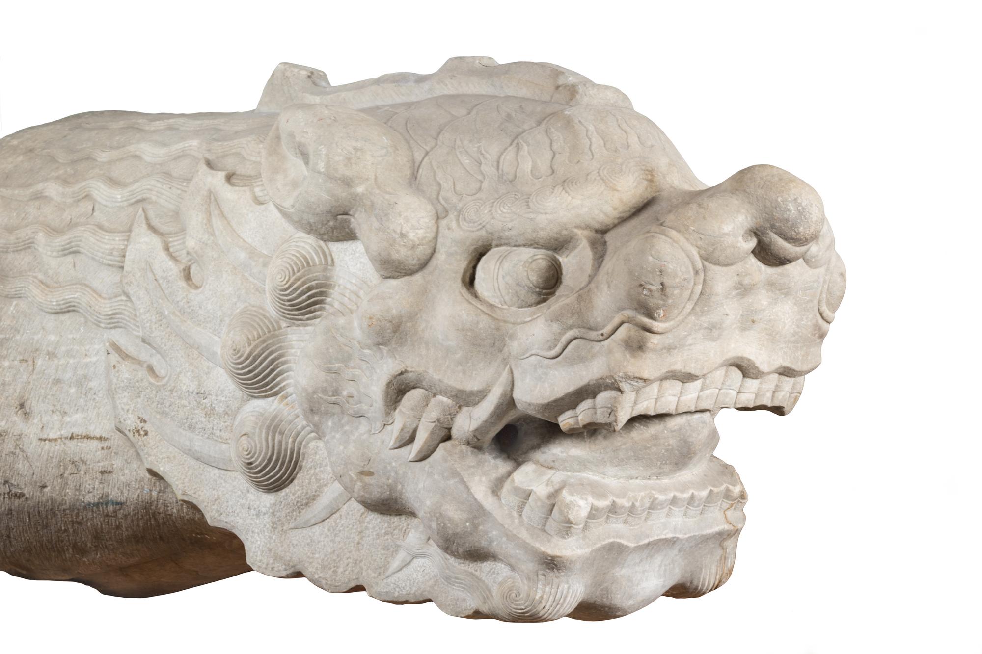 A Pair of Monumental, Rare and Important Chinese Imperial Stone Dragon Spouts QIANLONG PERIOD Overall length approximately 48 inches. — QIANLONG PERIOD