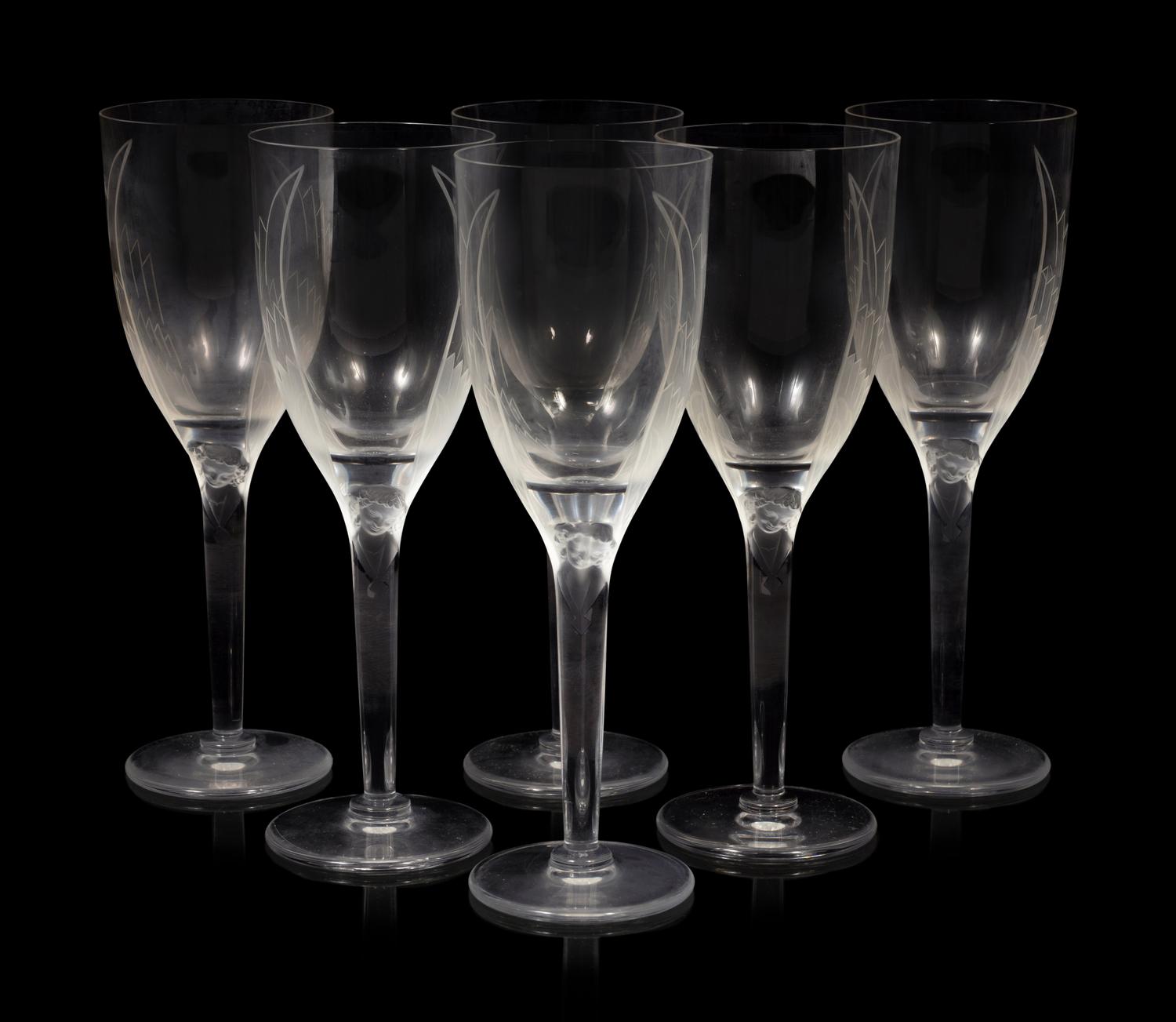 Six Lalique Angel Wing Champagne Flutes