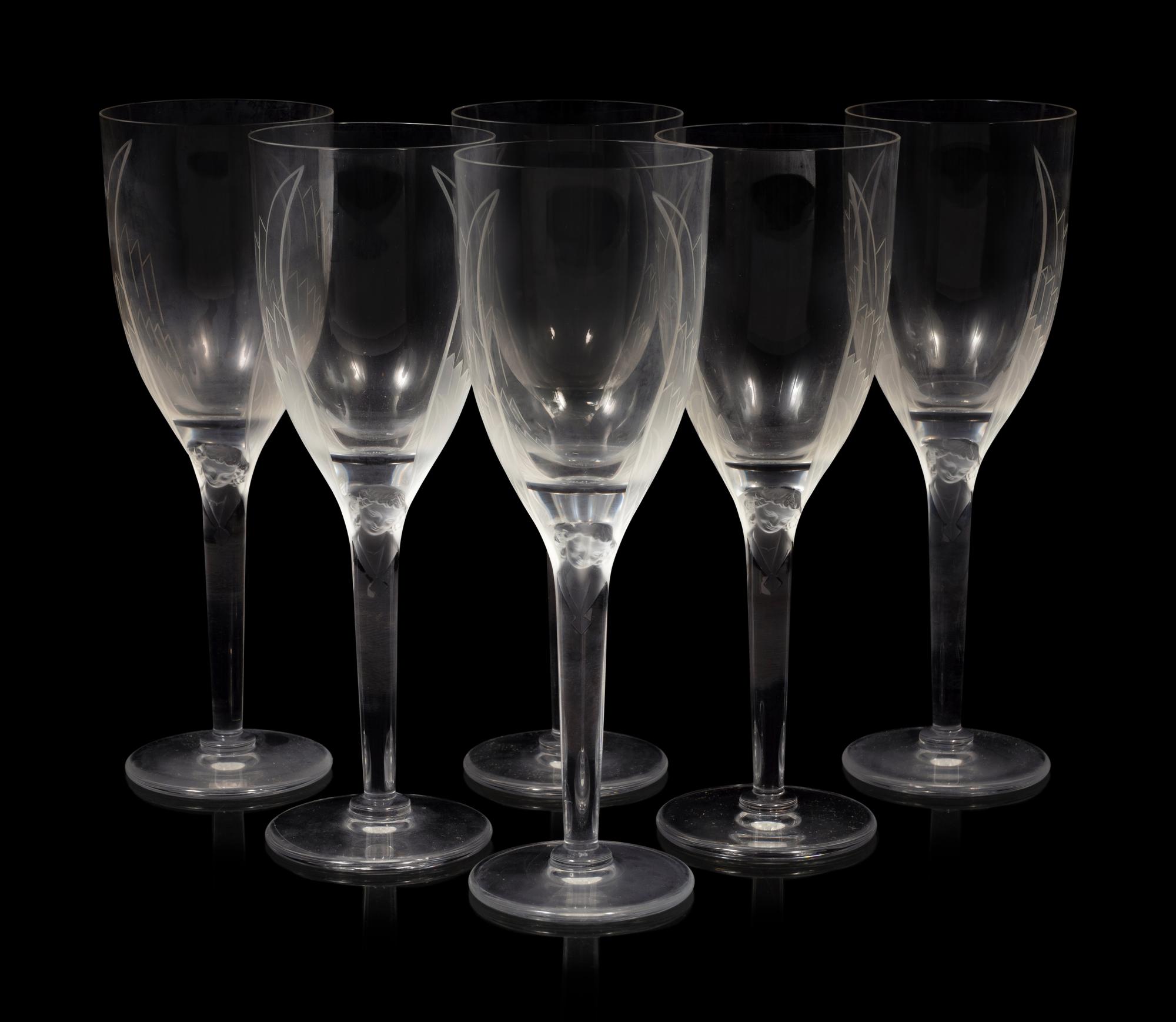 Six Lalique Angel Wing Champagne Flutes