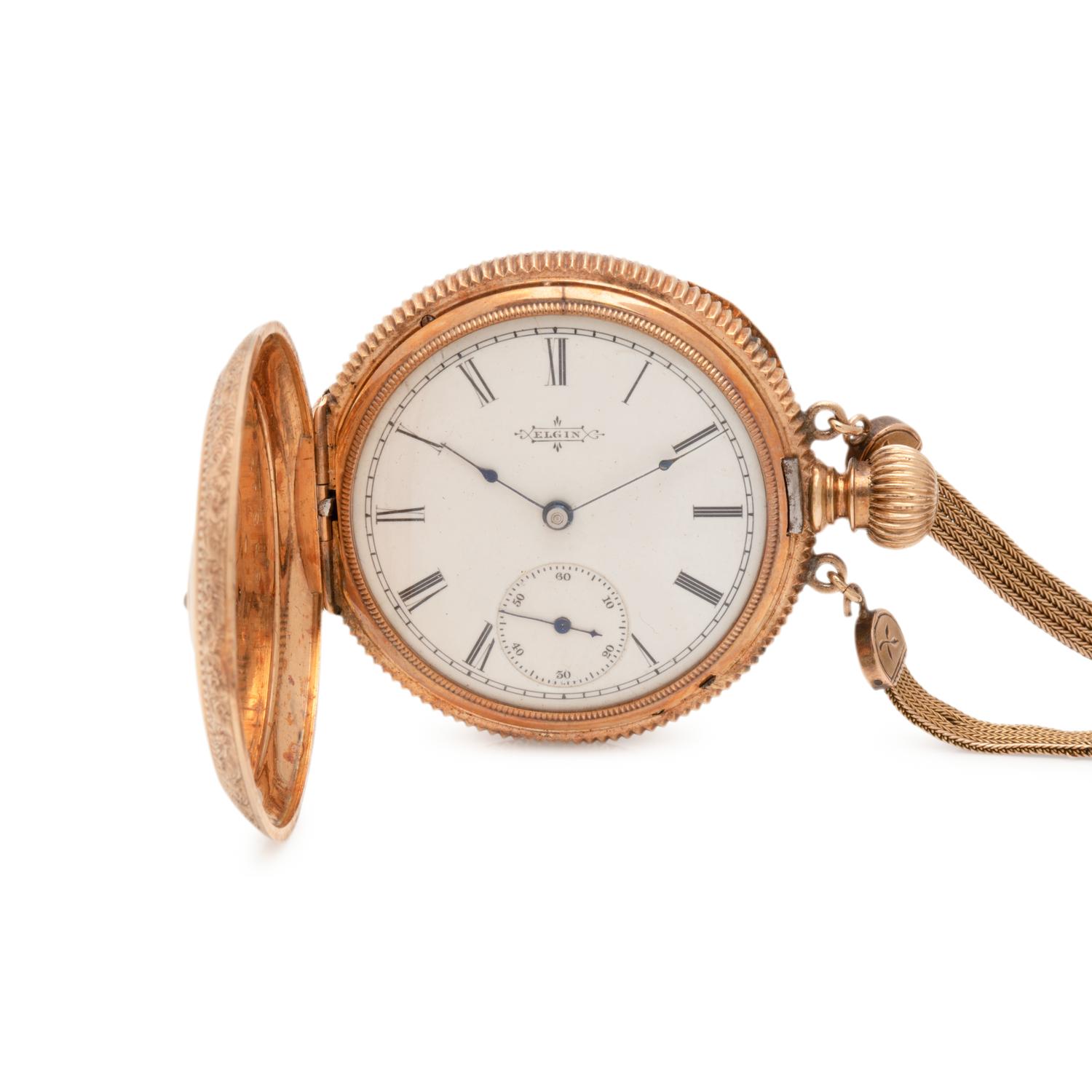 ELGIN, 14K YELLOW GOLD AND DIAMOND HUNTER CASE POCKET WATCH AND LONGCHAIN