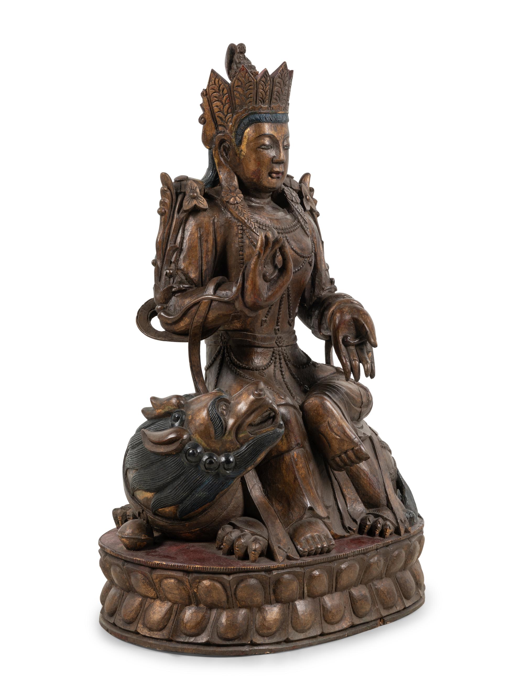 A Large Chinese Export Carved Wood Figure of a Bodhisattva