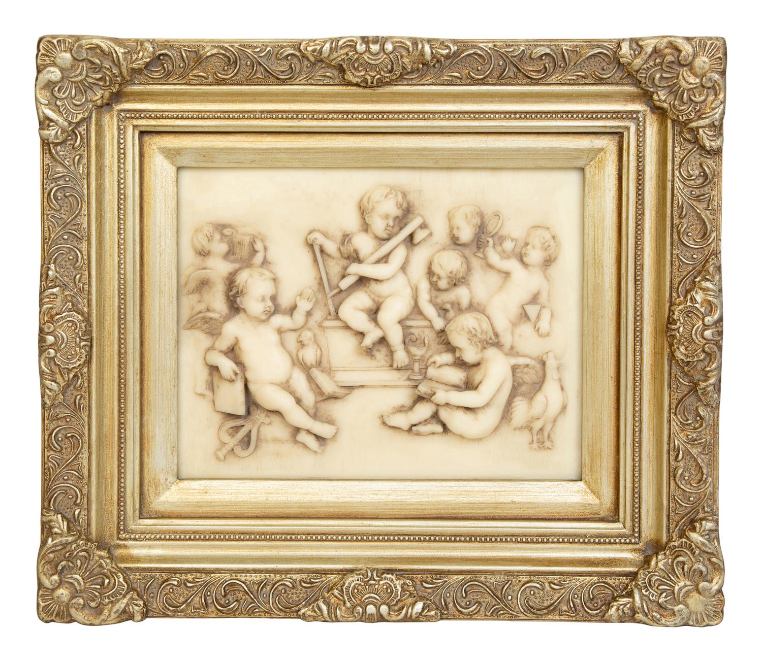 Four Faux Marble Resin Bas Relief Panels of Putti and Classical Figures