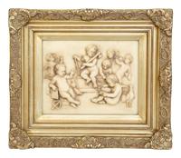 Four Faux Marble Resin Bas Relief Panels of Putti and Classical Figures