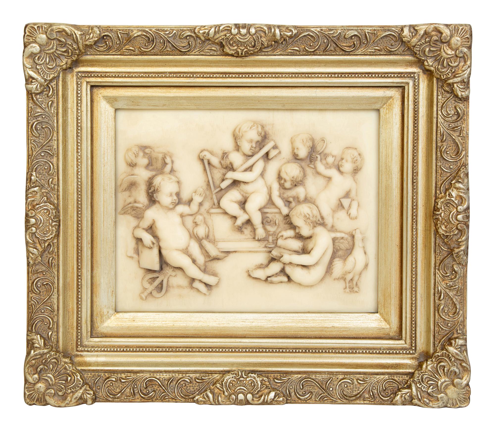 Four Faux Marble Resin Bas Relief Panels of Putti and Classical Figures