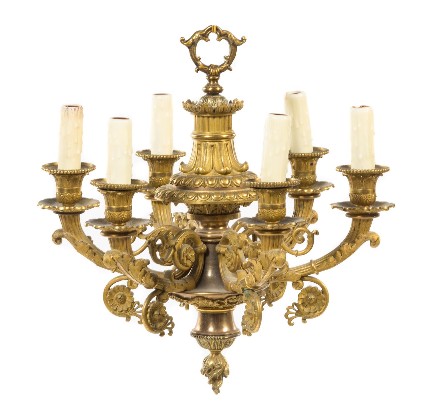 A Bronze Six-Light Chandelier Height 17 inches. — EARLY 20TH CENTURY