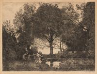 After Jean-Baptiste-Camille Corot, (French, 1796-1875), Nymphes et satyre (from Cent Chefs d'Oeuvre), 1885