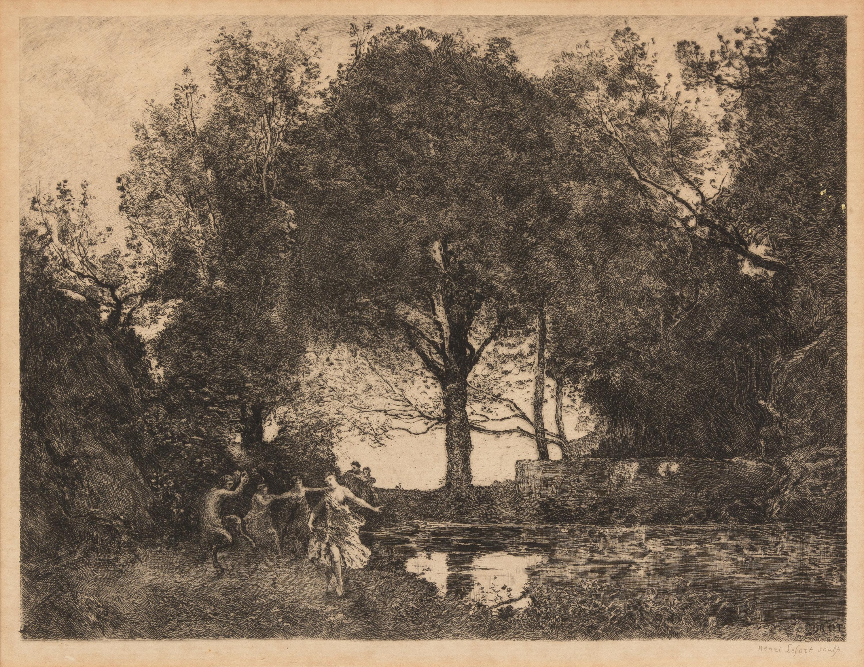 After Jean-Baptiste-Camille Corot, (French, 1796-1875), Nymphes et satyre (from Cent Chefs d'Oeuvre), 1885