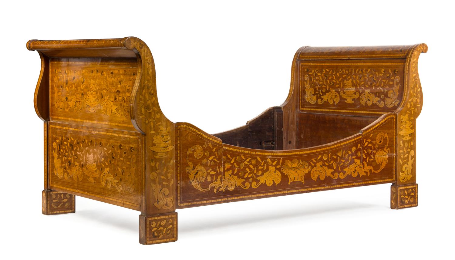 A Dutch Marquetry Sleigh Bed Height 38 1/2 x width 42 inches. — 19TH CENTURY