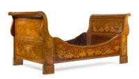A Dutch Marquetry Sleigh Bed Height 38 1/2 x width 42 inches. — 19TH CENTURY