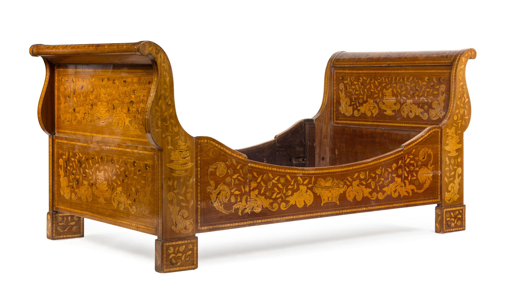 A Dutch Marquetry Sleigh Bed Height 38 1/2 x width 42 inches. — 19TH CENTURY
