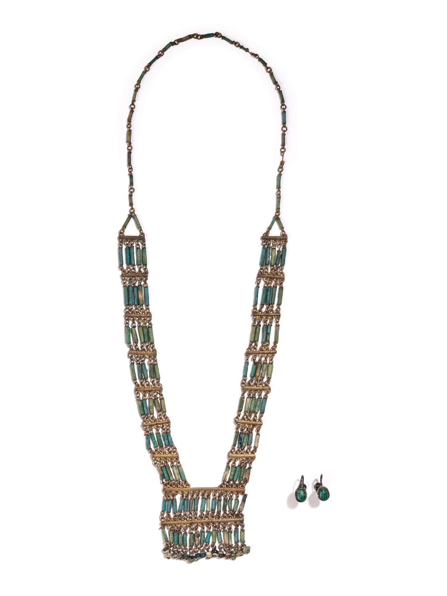 An Egyptian Bead and Faience Necklace with Scarab Earrings