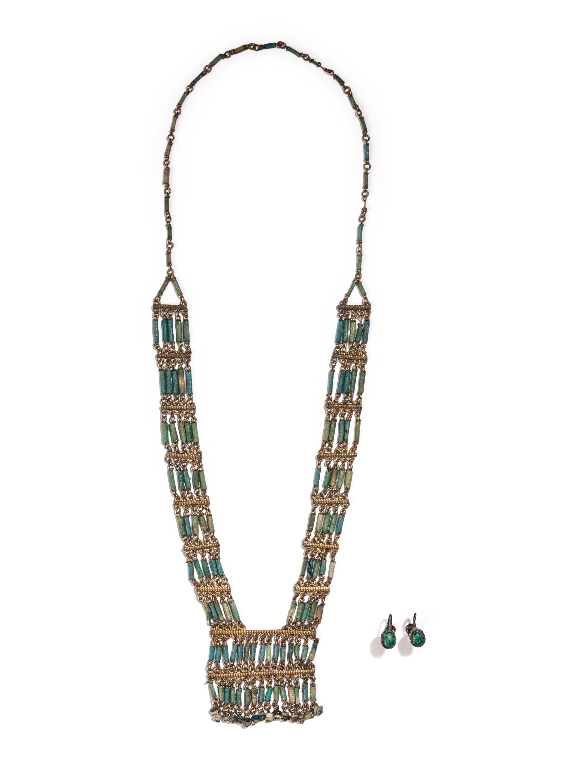 An Egyptian Bead and Faience Necklace with Scarab Earrings