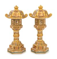 A Pair of Japanese Satsuma Porcelain Pagoda-Form Incense Burners