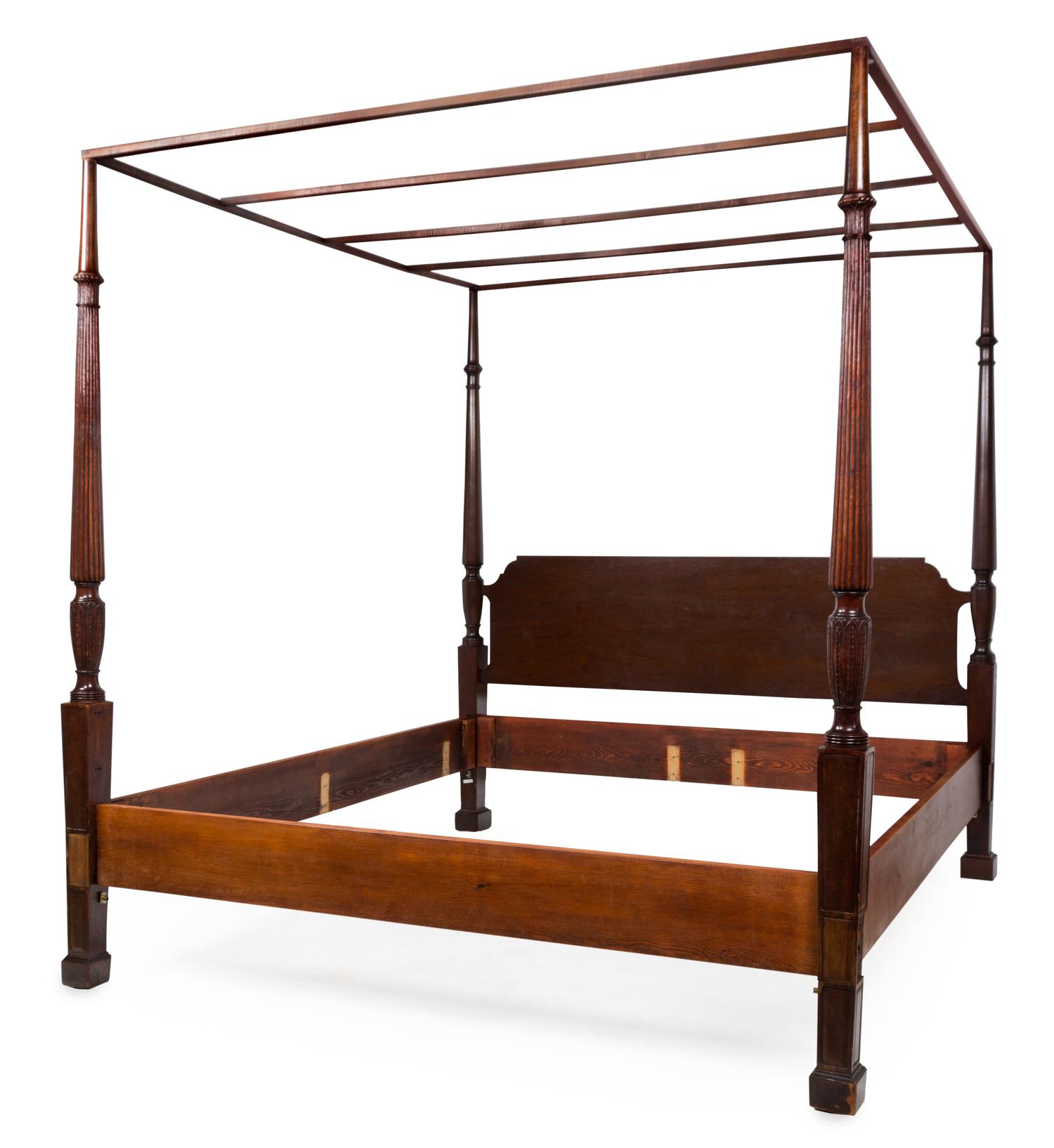 An English Carved Mahogany Four-Poster Bed Height 87 1/2 x width 82 x depth 82 inches. — 19TH CENTURY