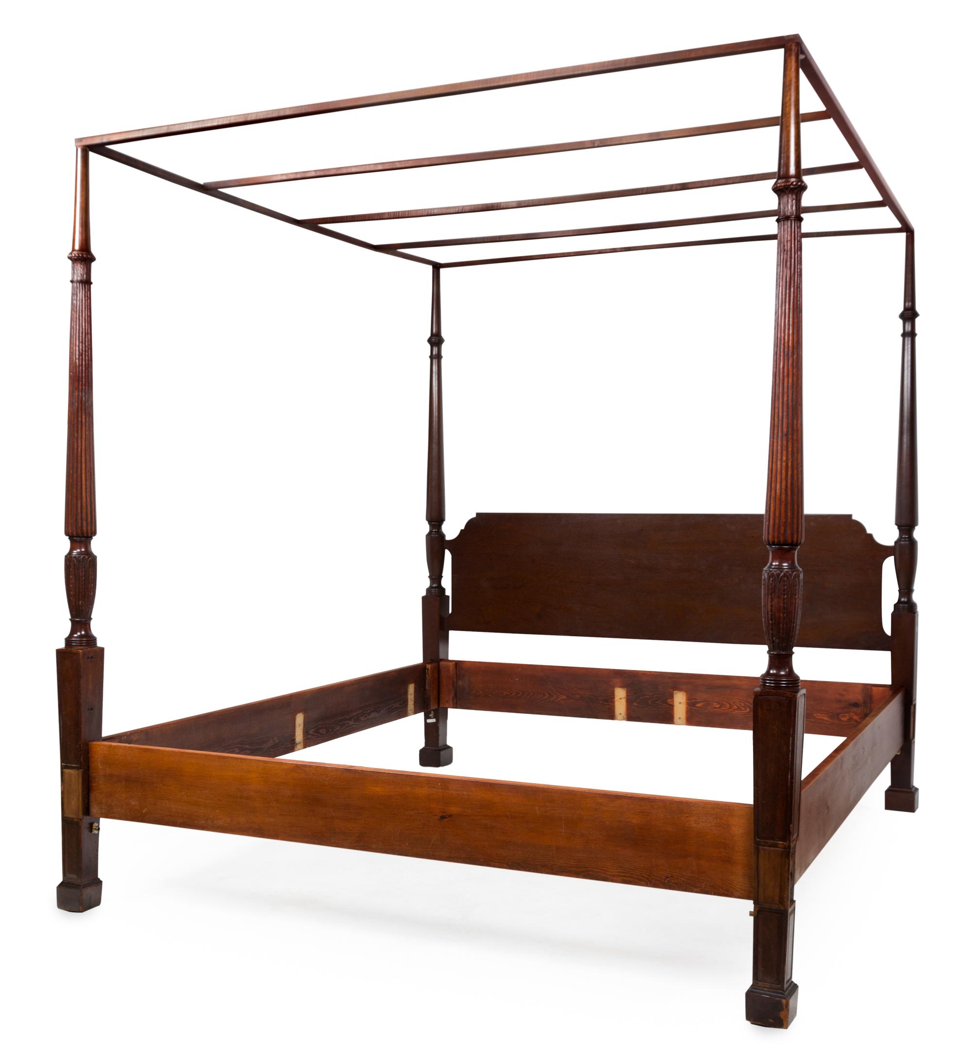 An English Carved Mahogany Four-Poster Bed Height 87 1/2 x width 82 x depth 82 inches. — 19TH CENTURY
