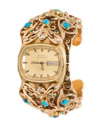 A 14 Karat Yellow Gold, Diamond and Turquoise Watch Cuff Bracelet, Circa 1979, 125.80 dwts. (including watch case)