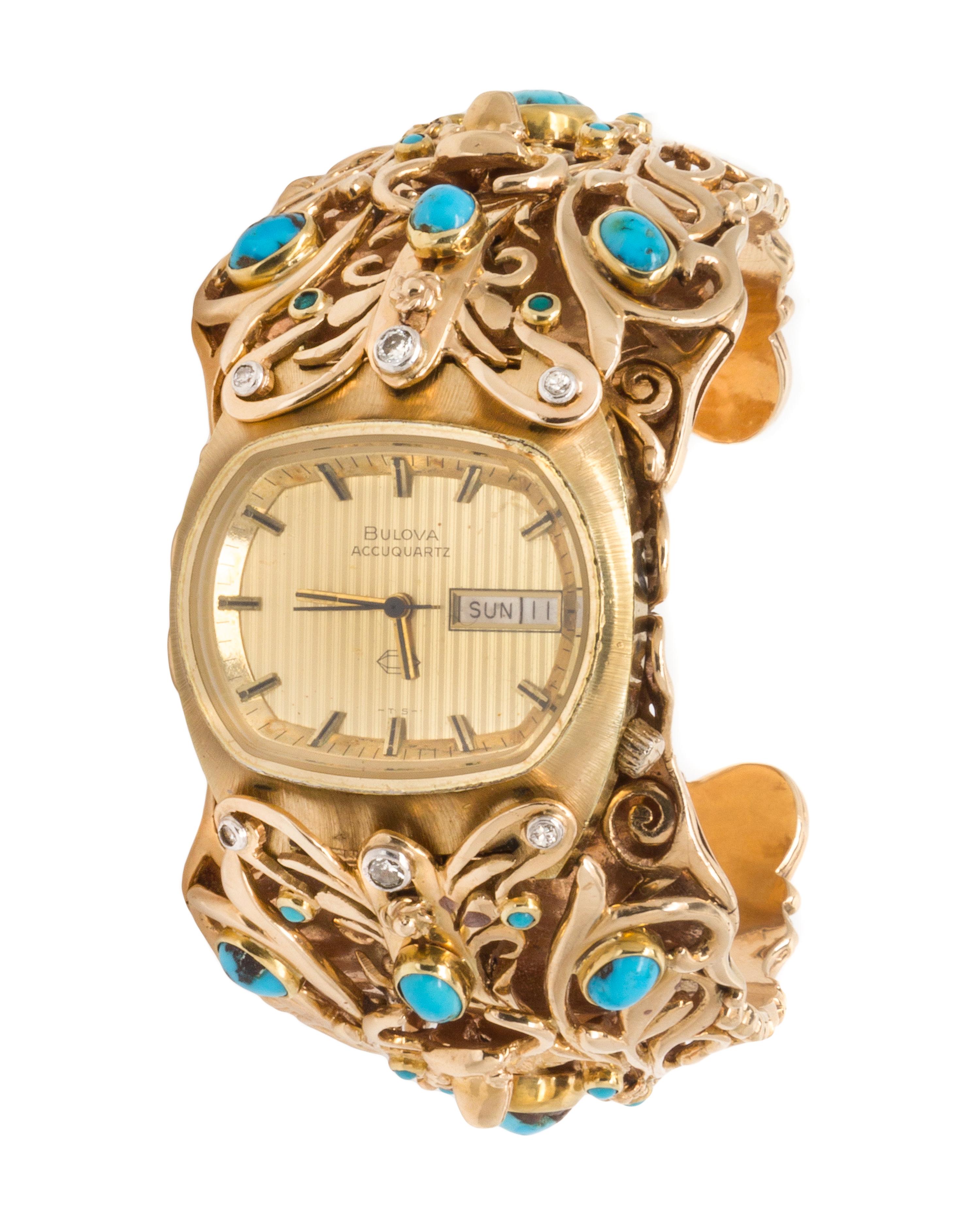 A 14 Karat Yellow Gold, Diamond and Turquoise Watch Cuff Bracelet, Circa 1979, 125.80 dwts. (including watch case)