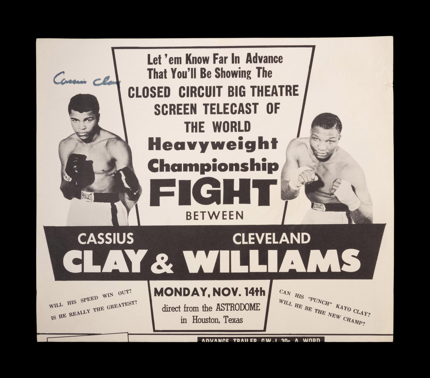 A Muhammad Ali signed as Cassius Clay Advertising Sheet From Cleveland Big Cat Williams 1966 Championship Bout,