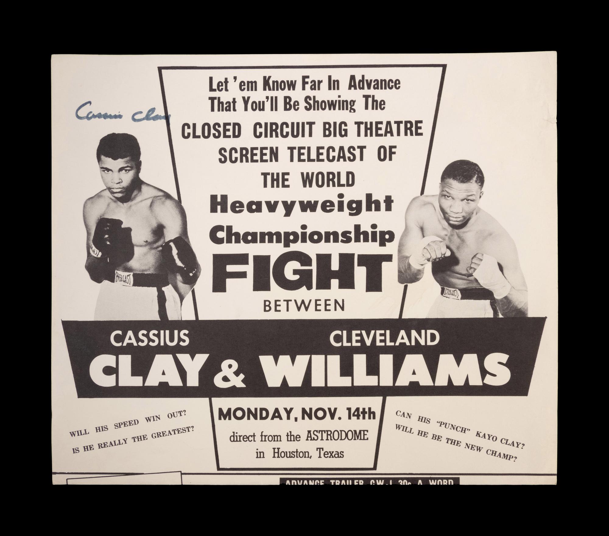 A Muhammad Ali signed as Cassius Clay Advertising Sheet From Cleveland Big Cat Williams 1966 Championship Bout,