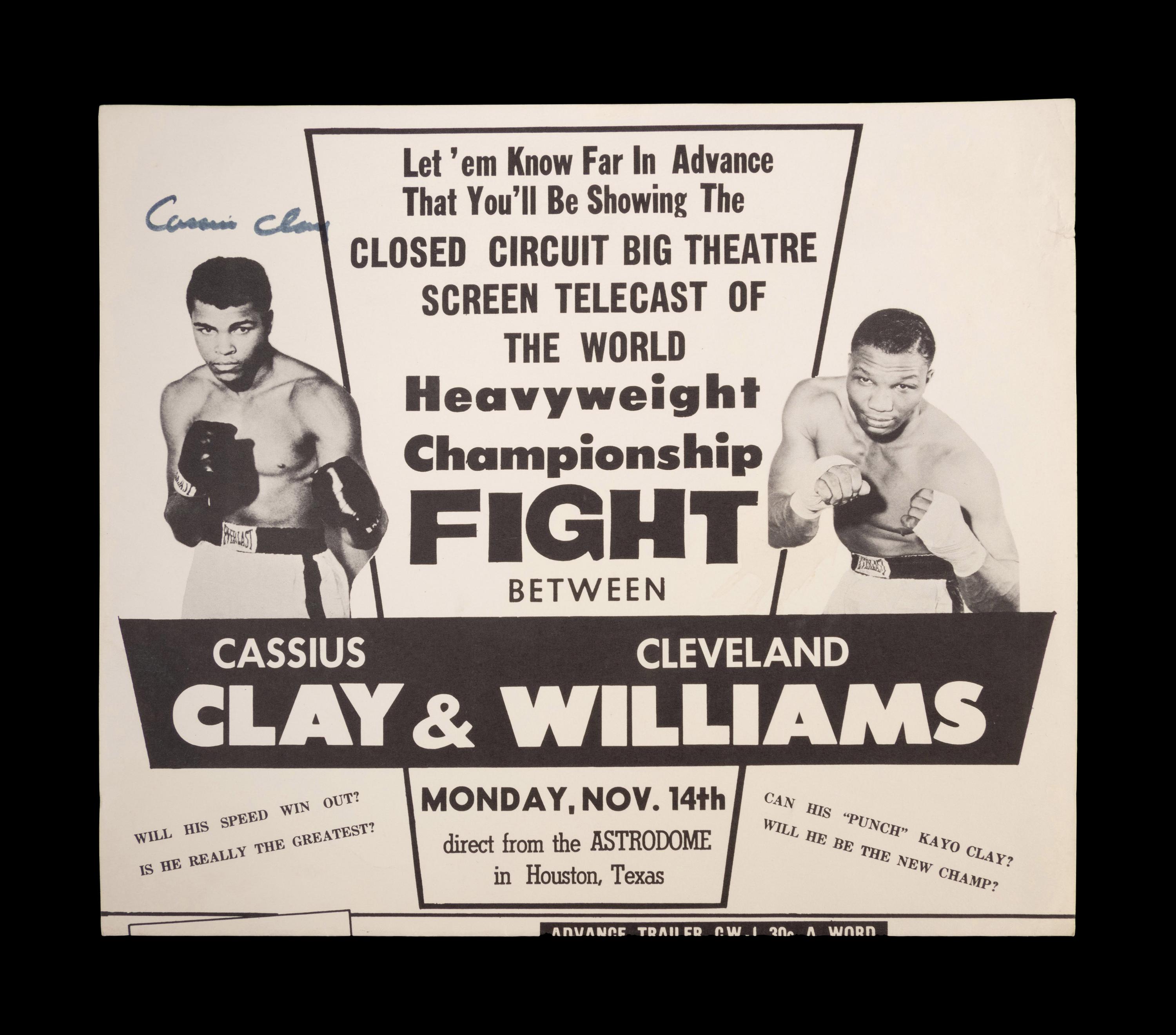 A Muhammad Ali signed as Cassius Clay Advertising Sheet From Cleveland Big Cat Williams 1966 Championship Bout,