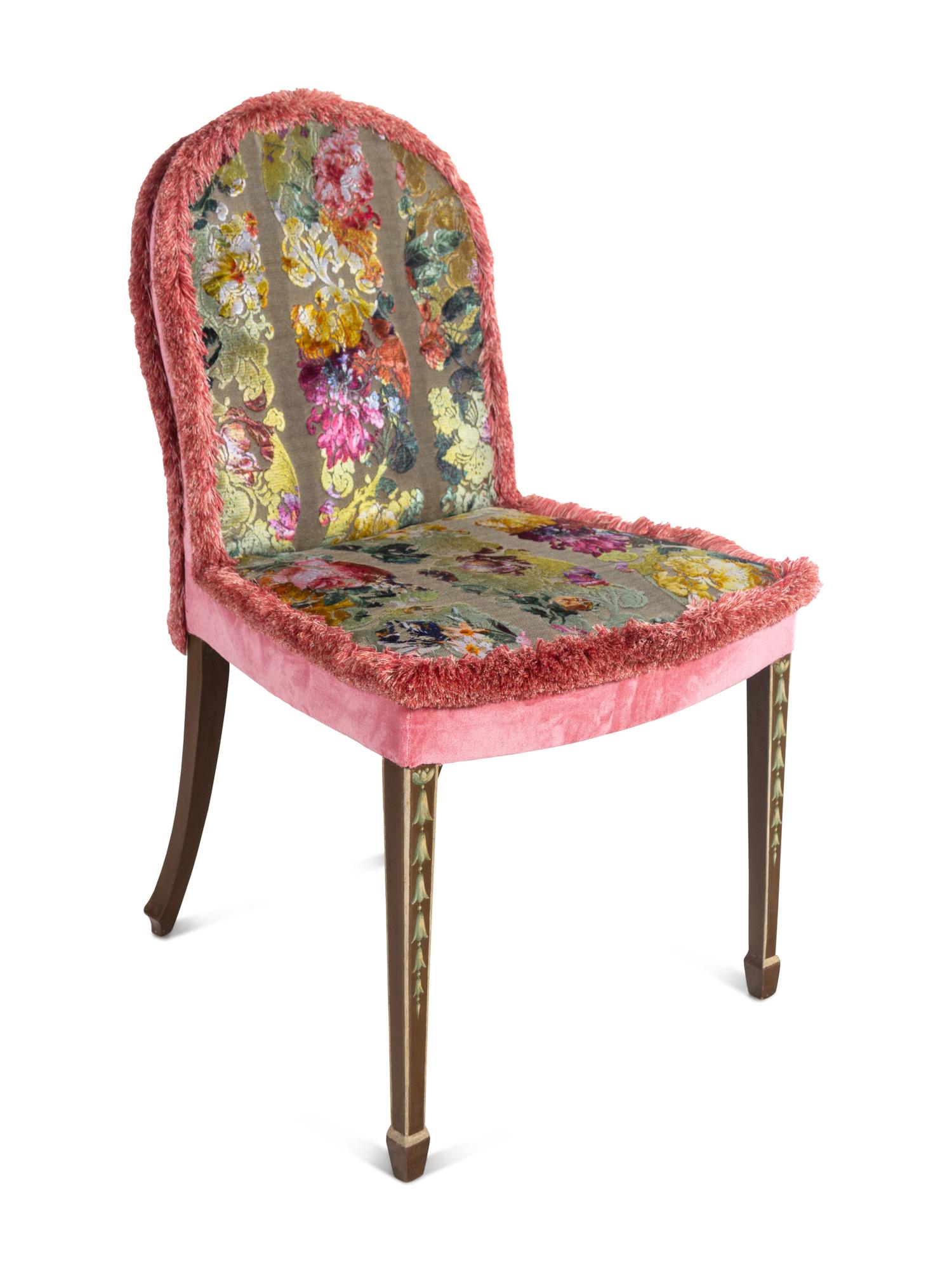 A Set of Six George III Style Painted Dining Chairs with Cut Velvet Upholstery