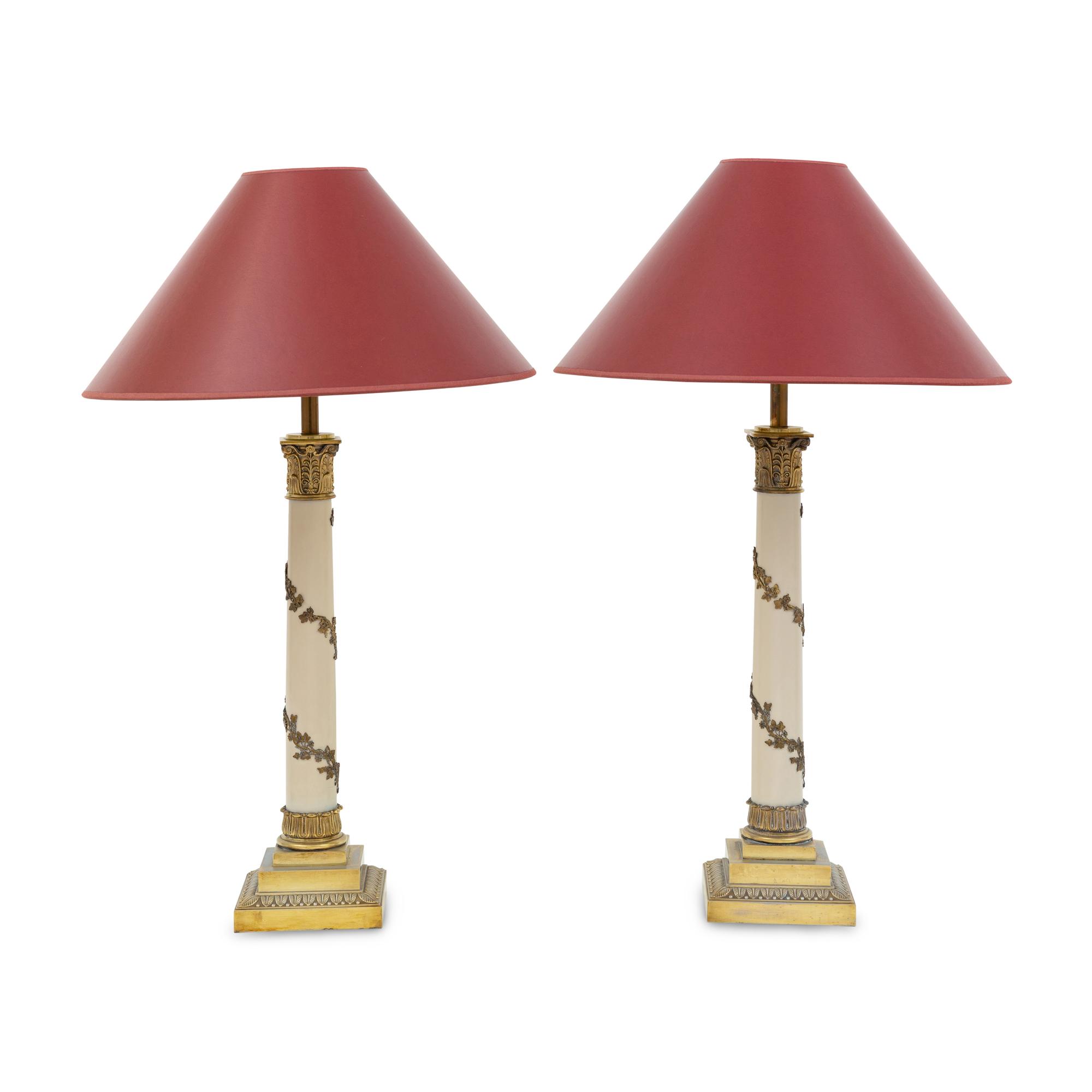 A Pair of Neoclassical Style Cream-Painted Gilt-Metal Lamps