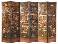 A Continental Painted Leather Six-Panel Floor Screen, Height 94 x width of each panel 21 5/8 inches.