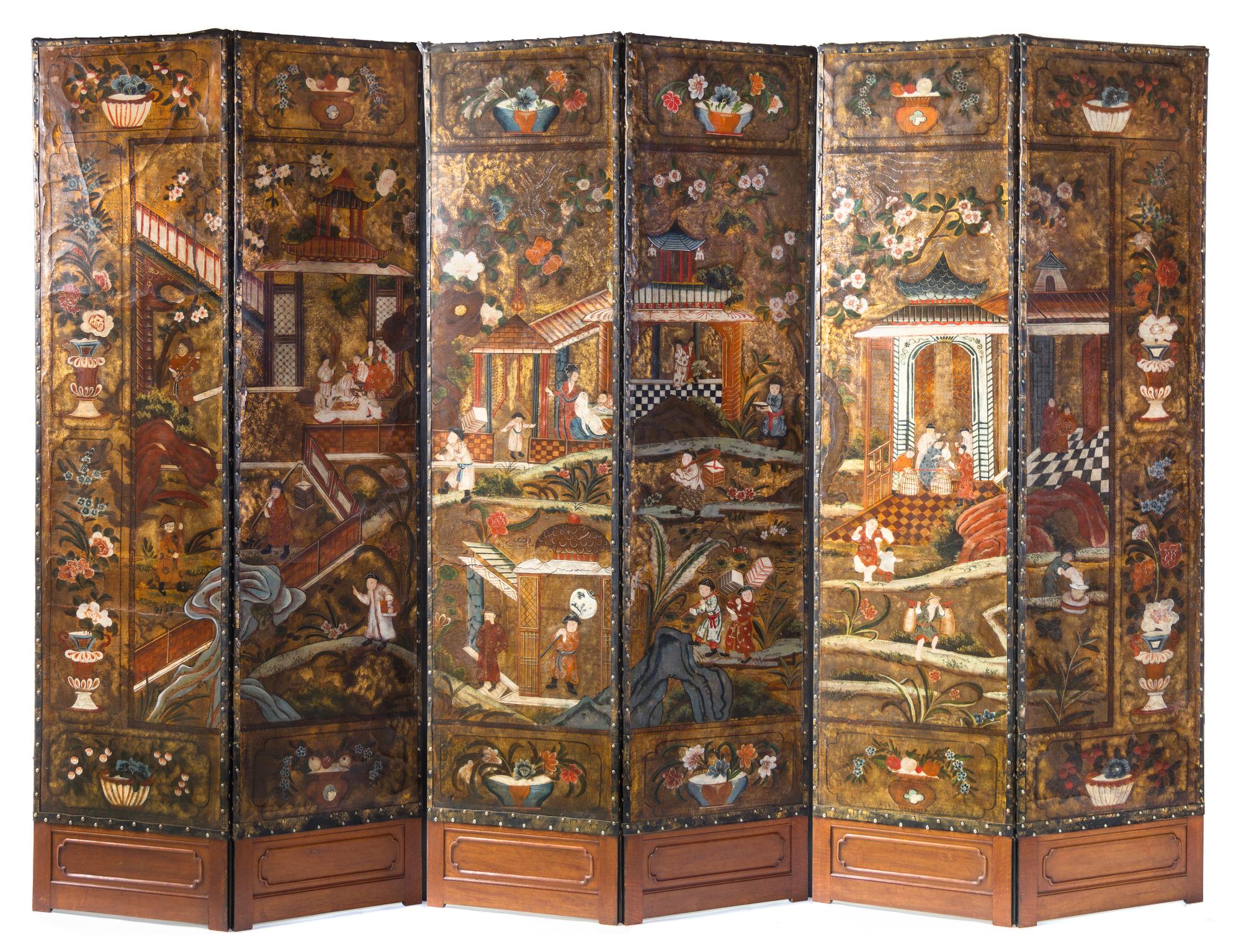 A Continental Painted Leather Six-Panel Floor Screen, Height 94 x width of each panel 21 5/8 inches.