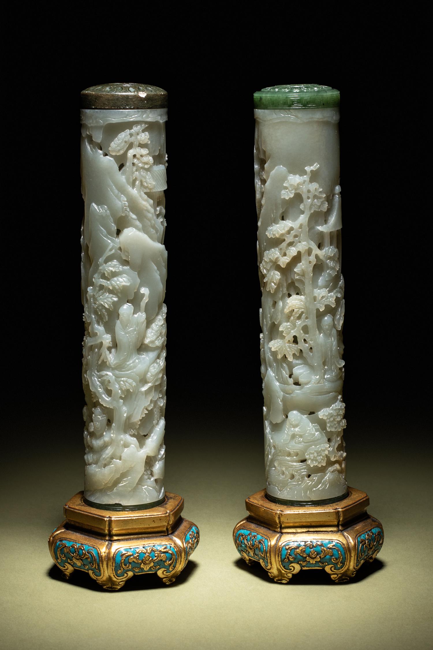 A Pair of Carved Celadon Jade Cylindrical Parfumiers