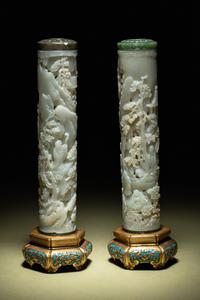 A Pair of Carved Celadon Jade Cylindrical Parfumiers