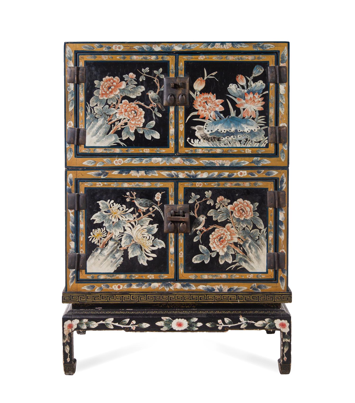 A Chinese Export Lacquered Two-Part Cabinet on Stand