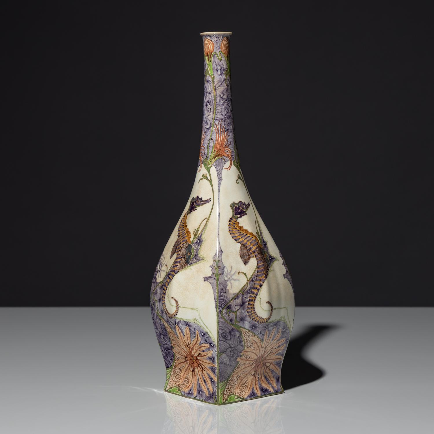Eggshell porcelain vase with polychrome seahorse decor, model 89