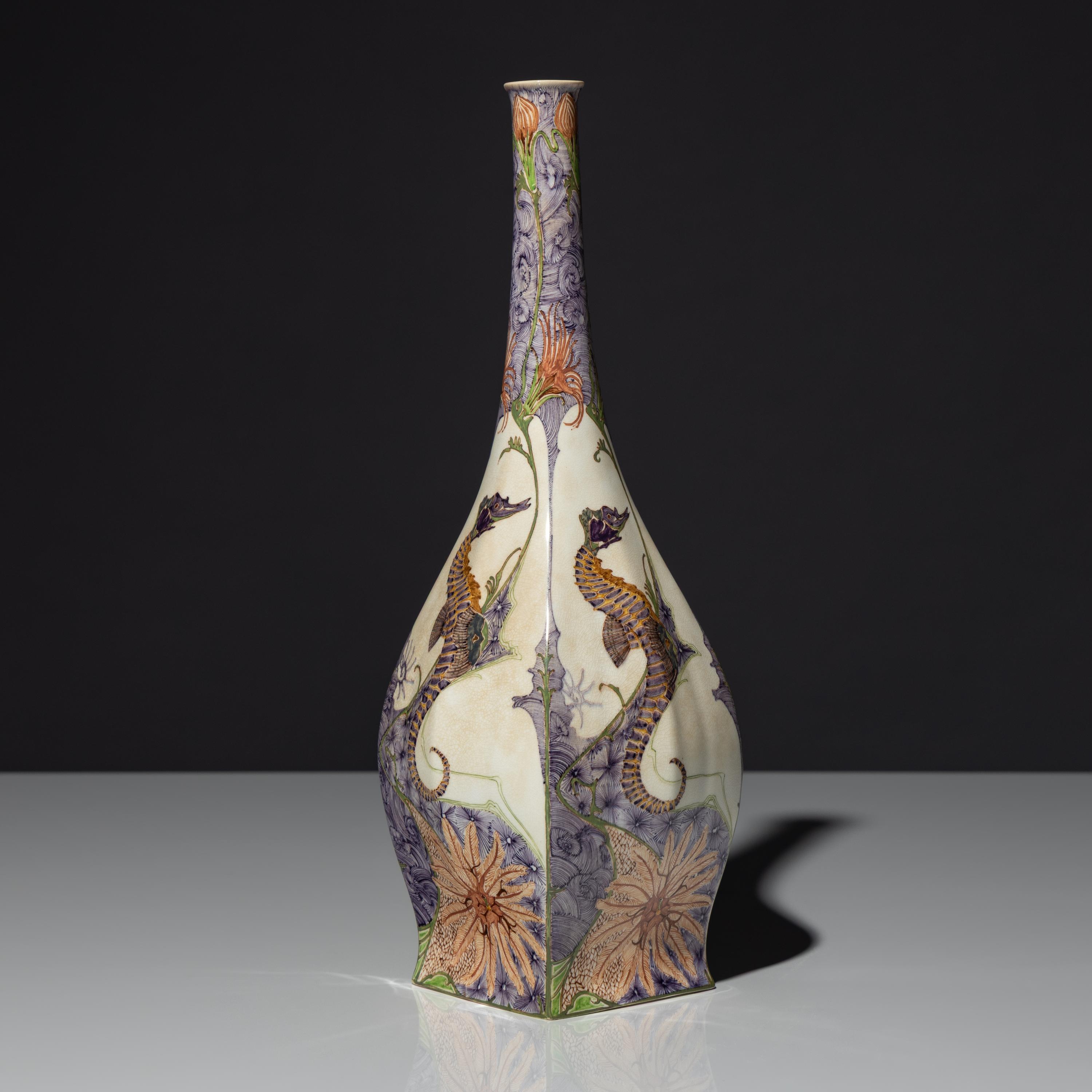 Eggshell porcelain vase with polychrome seahorse decor, model 89