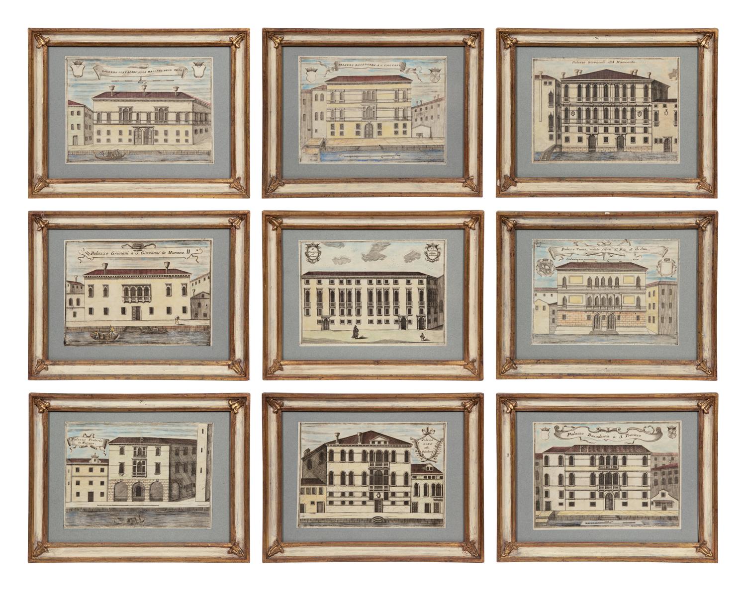A Set of Nine Italian Hand-Colored Engravings Depicting Venetian Palaces