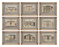 A Set of Nine Italian Hand-Colored Engravings Depicting Venetian Palaces