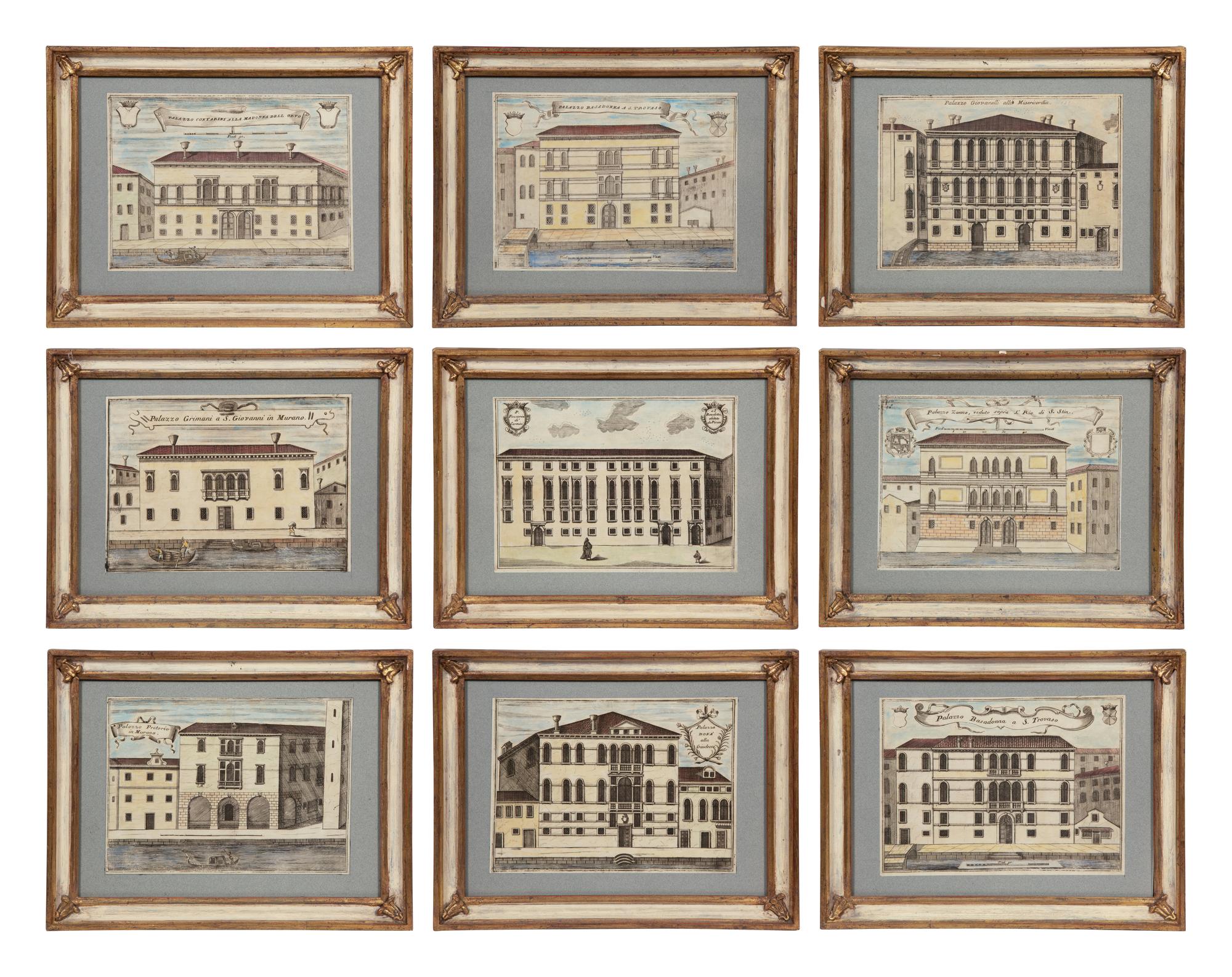 A Set of Nine Italian Hand-Colored Engravings Depicting Venetian Palaces