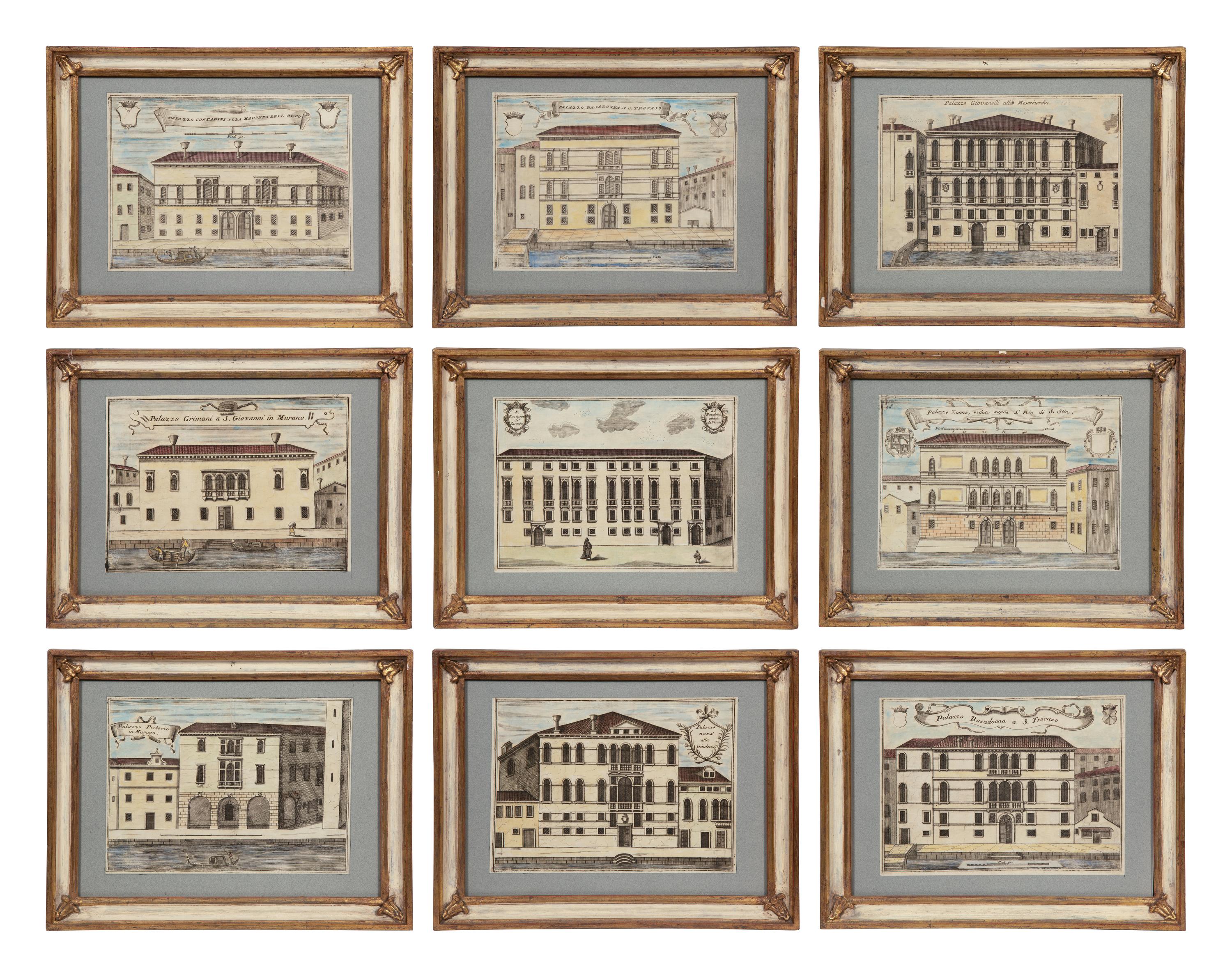 A Set of Nine Italian Hand-Colored Engravings Depicting Venetian Palaces